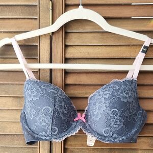 NWT - Victoria's Secret Lined Demi Bra Steele Blue Gray pink bow